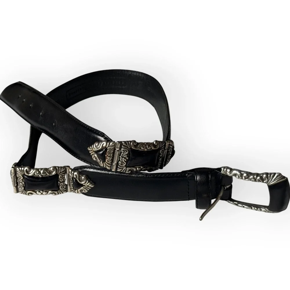 Vintage Fossil Black Leather Western Belt Ornate Silver Buckle Tip Keeper Y2K M